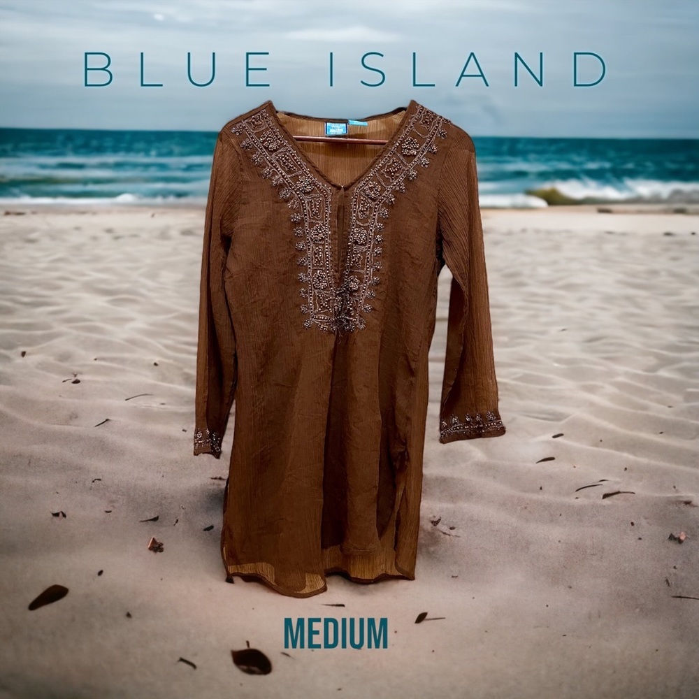 BLUE ISLAND Sheer Brown Embroidered Coverup Tunic - Medium